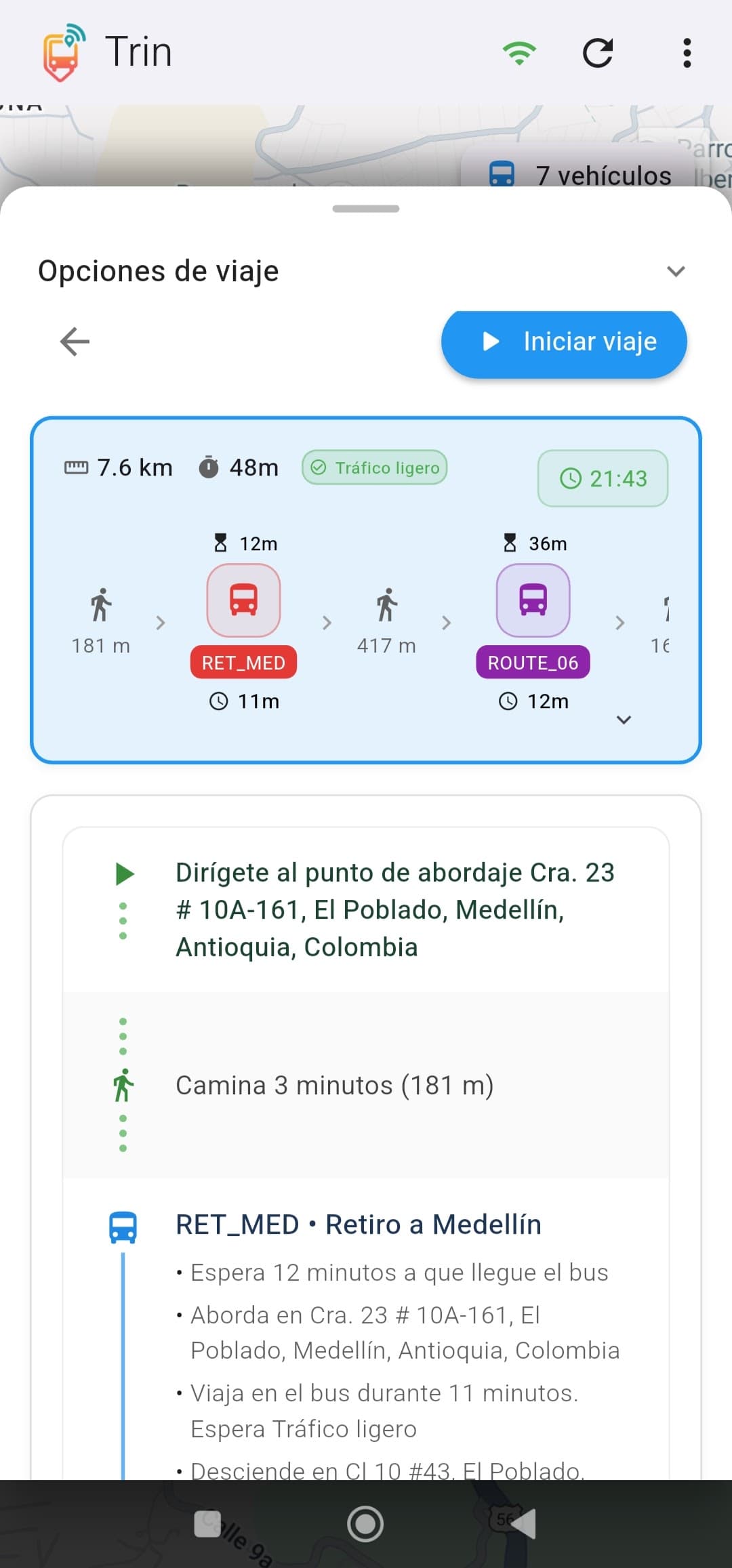 Trin App - University Route Screen